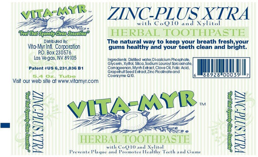 3-pack pack shot of VITA-MYR Zinc Plus Xtra Herbal Toothpaste 5.4 oz