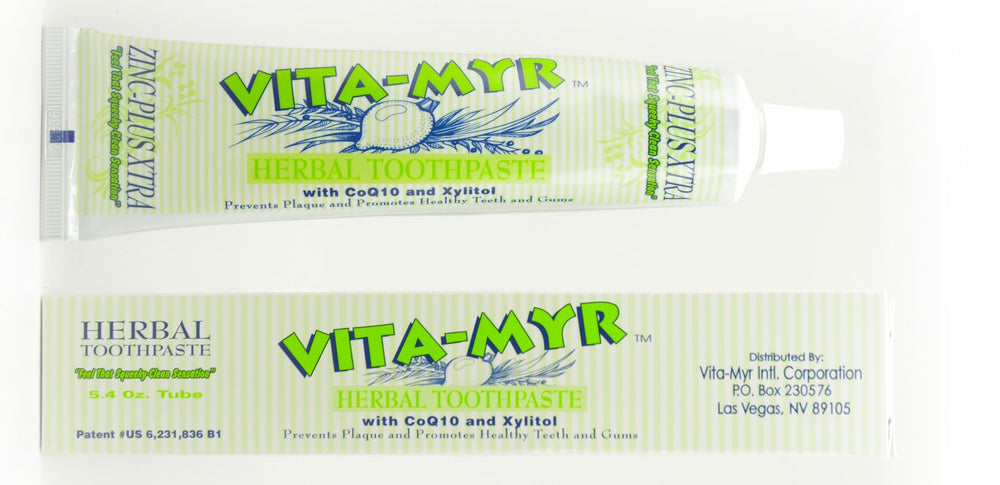 Six-pack Vita-Myr Zinc+ Toothpaste packaging boxes