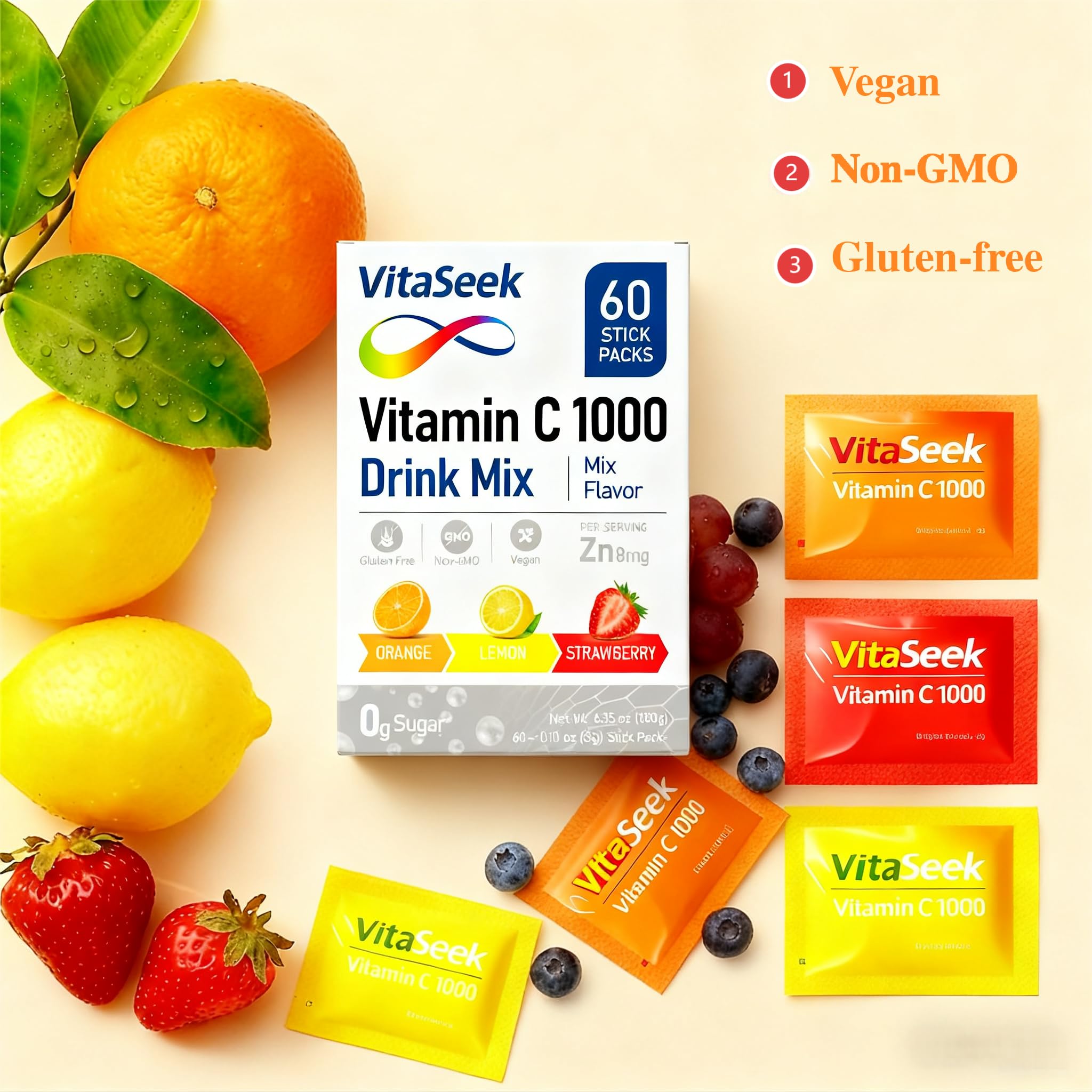 Nutritional label showing 1000mg Vitamin C and 8mg Zinc