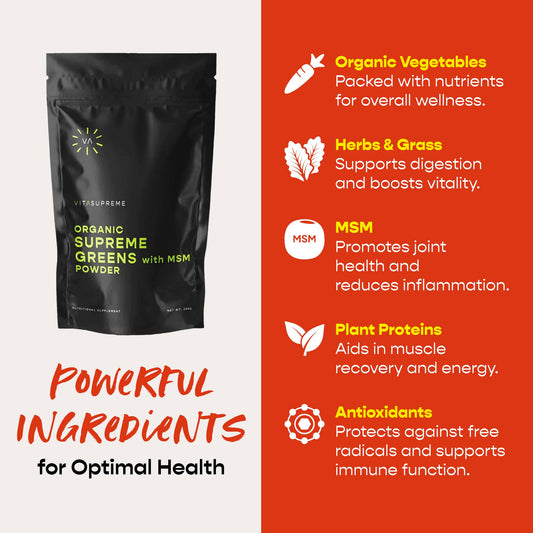 VITASUPREME Greens Powder with MSM on white background with scoop