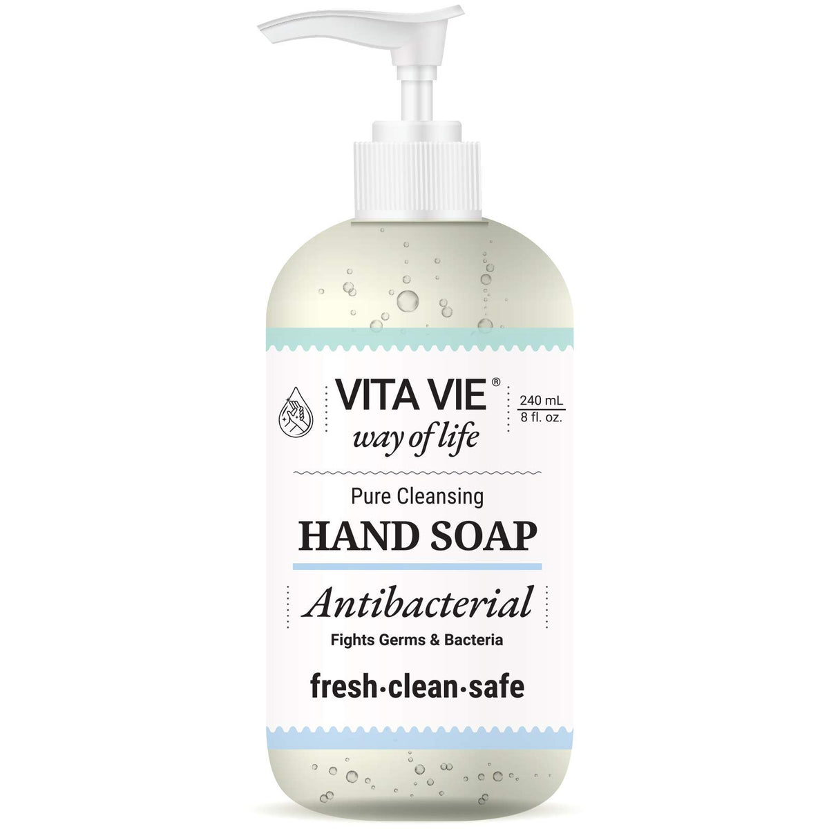 VITA VIE hand soap bottle with pump offering gentle cleansing at the sink