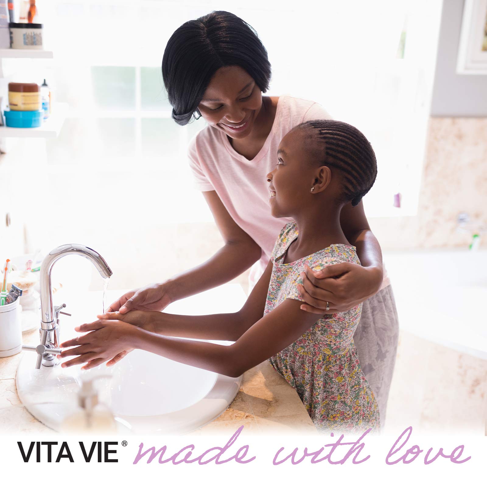VITA VIE hand soap on a kid-friendly sink area for family use