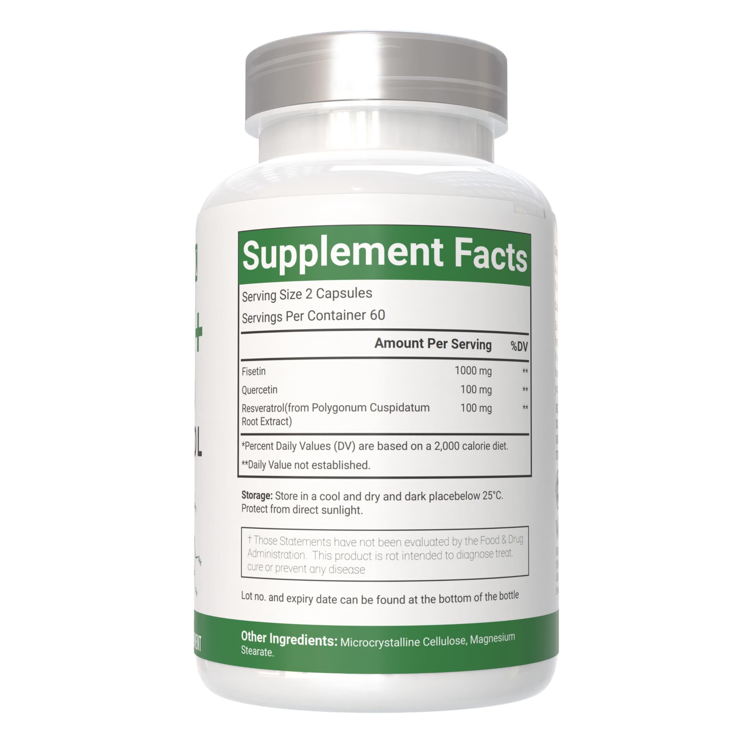 Ingredients panel highlighting Fisetin, Quercetin, and Resveratrol