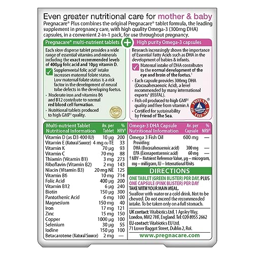 Pregnacare Plus Omega-3-56 2-in-1 pack showing 28 tablets and 28 Omega-3 capsules