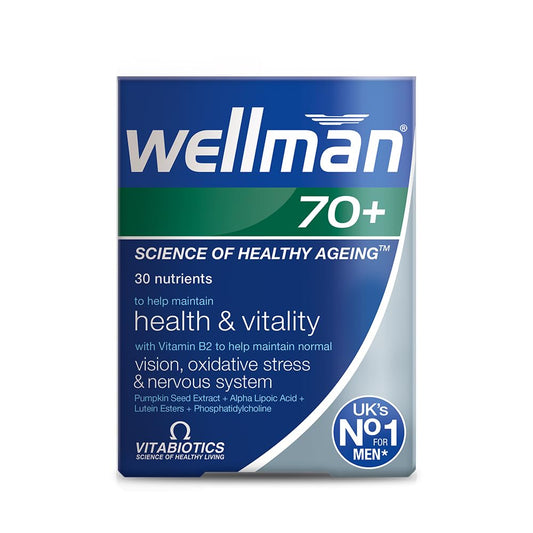 Bottle of Vitabiotics Wellman 70+ 30 Tabs on white background