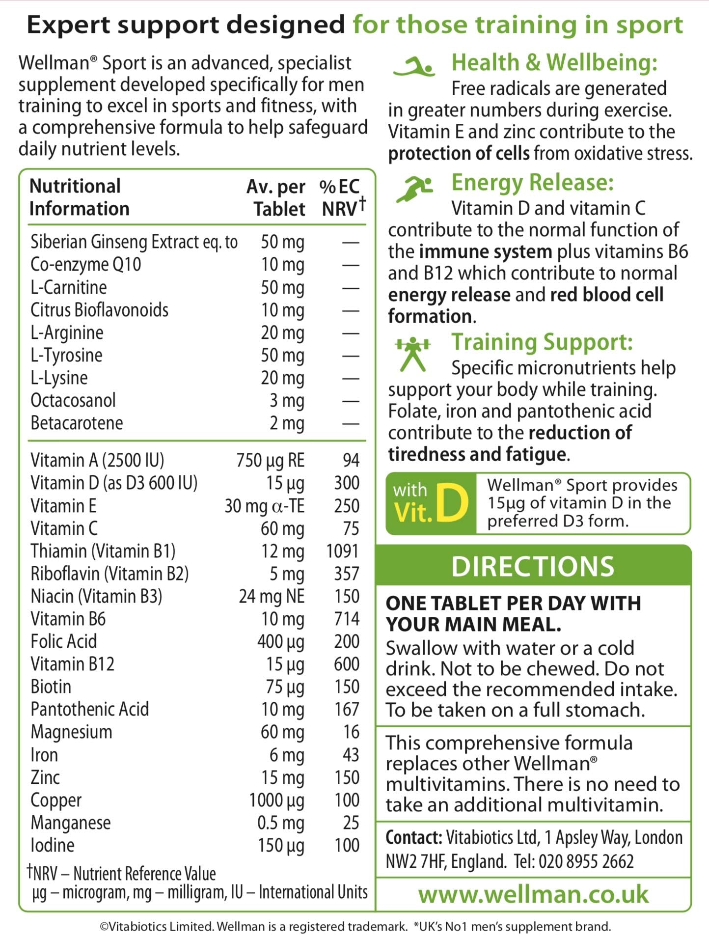 Dosage directions for Wellman Sport Tablets on the label