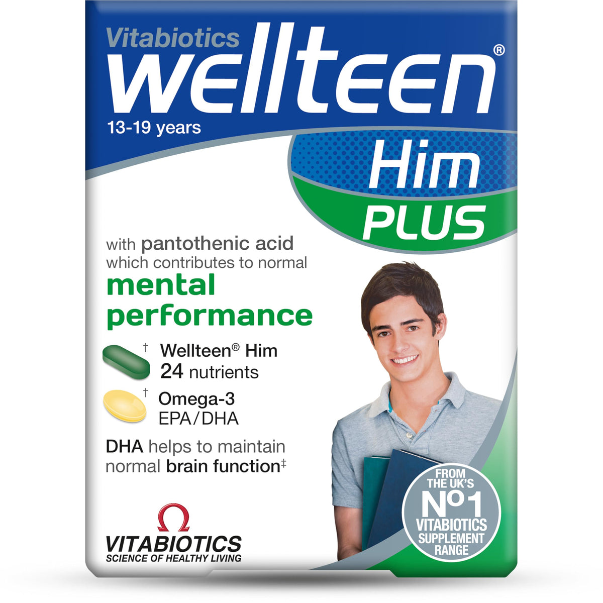 Bottle of Vitabiotics Wellteen Him Plus Omega-3 for teens 13-19 with 56 tablets and capsules