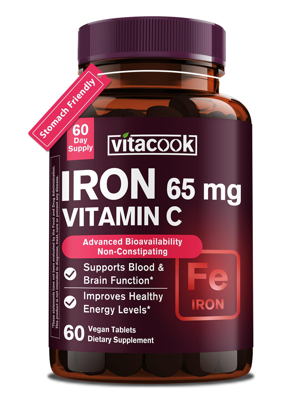 Vitacook Iron Supplement bottle label showing 65 mg iron and 250 mg vitamin C