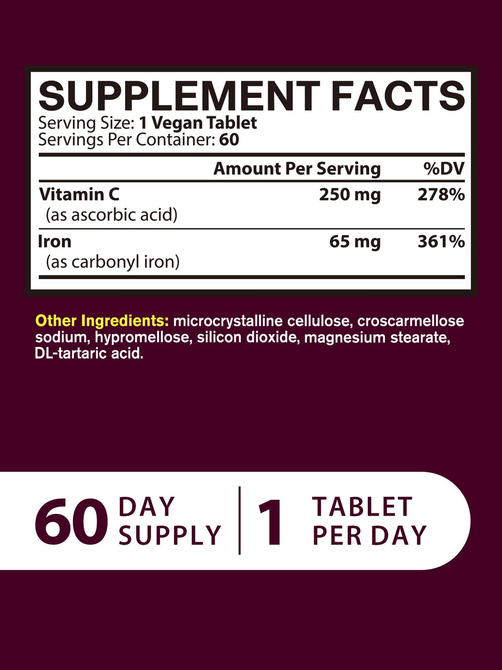 Front of bottle highlighting 60 vegan tablets