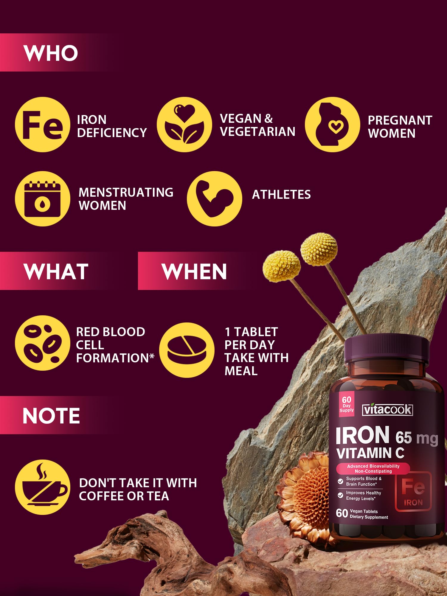 Vitamin C icon next to iron 65 mg on packaging