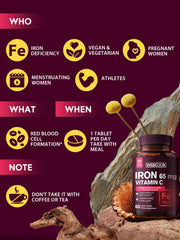 Vitamin C icon next to iron 65 mg on packaging
