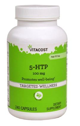Bottle of Vitacost 5-HTP 100 mg - 240 capsules on white background