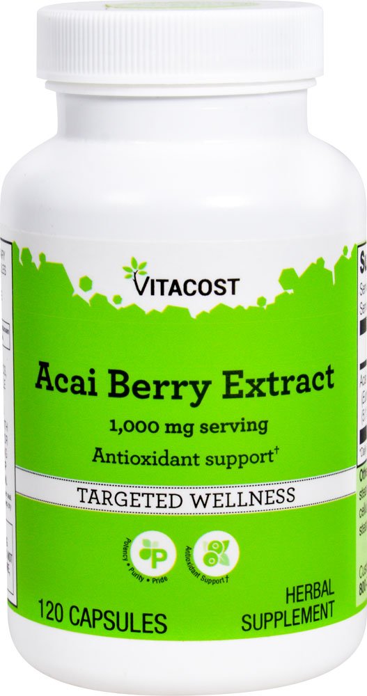 Bottle of Vitacost Acai Berry Extract 1000 mg per serving in a 120-capsule bottle