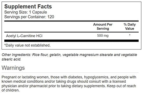 Close-up of Vitacost Acetyl L-Carnitine HCl bottle label