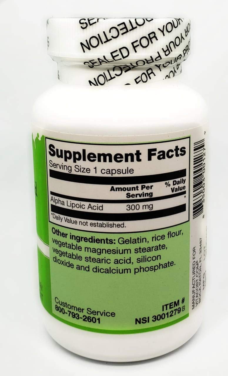 Close-up of Vitacost Alpha Lipoic Acid bottle label