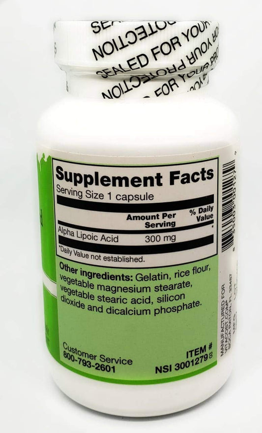 Close-up of Vitacost Alpha Lipoic Acid bottle label
