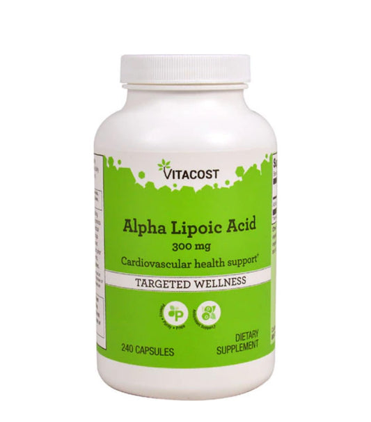 Bottle of Vitacost Alpha Lipoic Acid 300 mg 240 capsules on white background