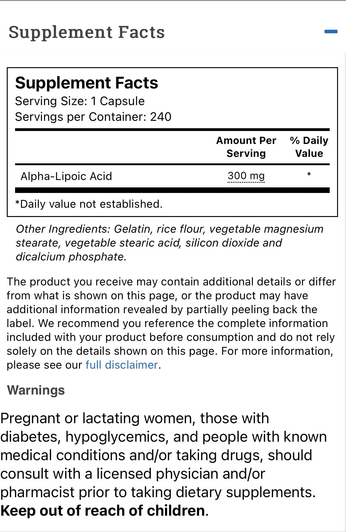 Close up of label showing 300 mg alpha lipoic acid per capsule