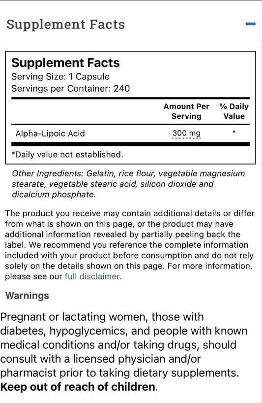 Close up of label showing 300 mg alpha lipoic acid per capsule