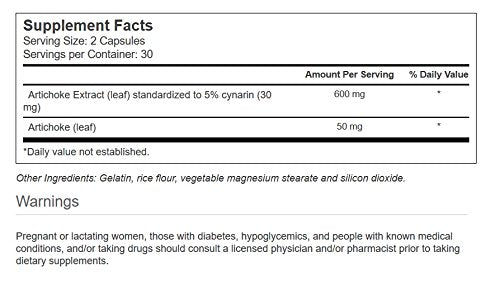 Artichoke extract capsules close-up showing 600 mg per serving