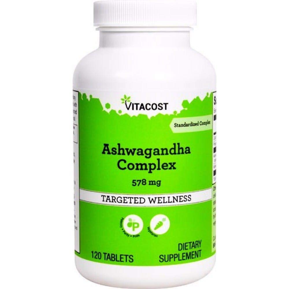 Front view of Vitacost Ashwagandha Complex bottle showing 578 mg dose and 120 vegetarian tablets