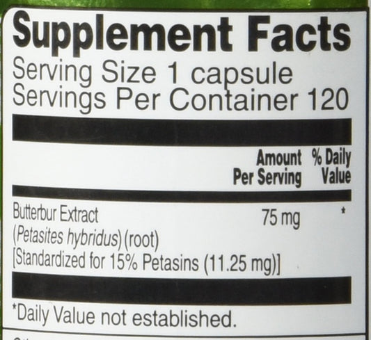 Close up of butterbur extract capsules showing standardized 75 mg potency