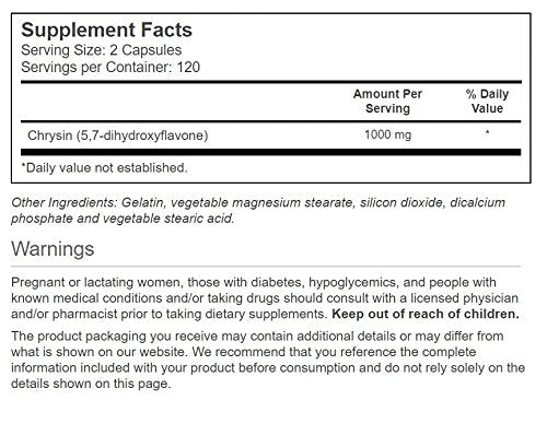 Close-up of Vitacost Chrysin bottle label showing 1000 mg per serving