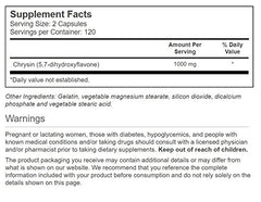Close-up of Vitacost Chrysin bottle label showing 1000 mg per serving