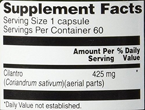 Supplement facts panel for Vitacost Cilantro 425 mg