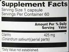 Supplement facts panel for Vitacost Cilantro 425 mg