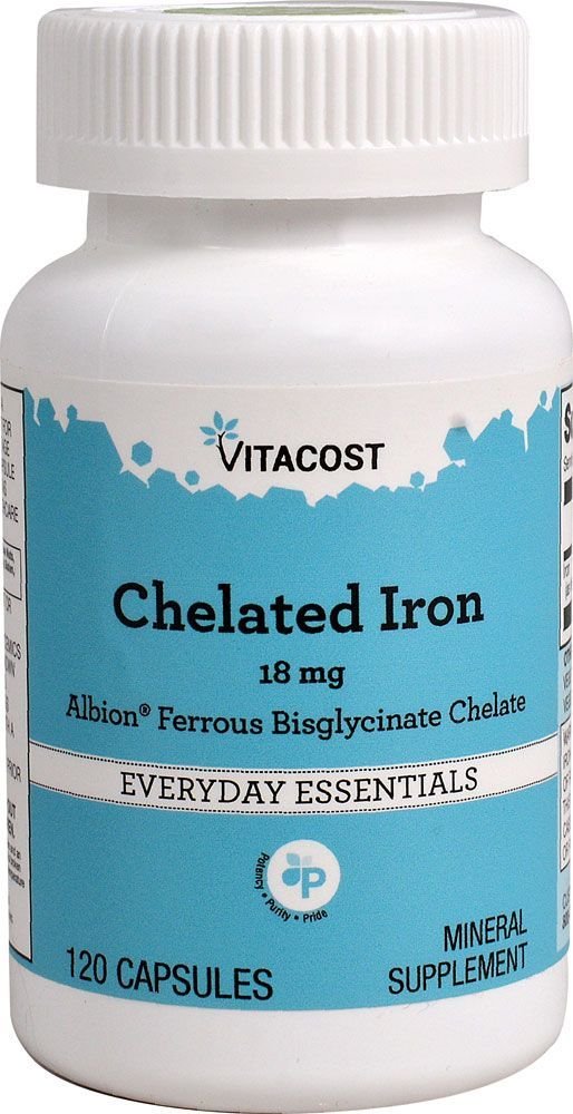 Bottle of Vitacost Ferrochel Iron 18 mg chelated iron, 120 capsules