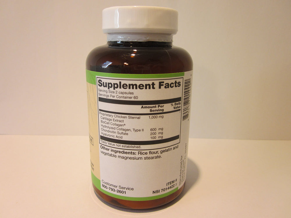 Close-up of Vitacost Hyaluronic Acid with BioCell Collagen II label