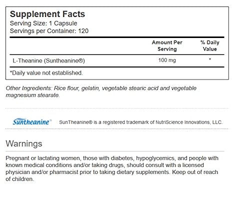 Supplement facts and packaging image for Vitacost L-Theanine Suntheanine 100 mg 120 capsules