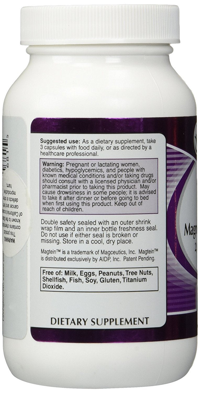 Close-up of a 3-capsule serving showing 2000 mg Magtein magnesium L-threonate