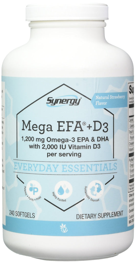 Bottle of Vitacost Mega EFA-D3 with two-softgel serving