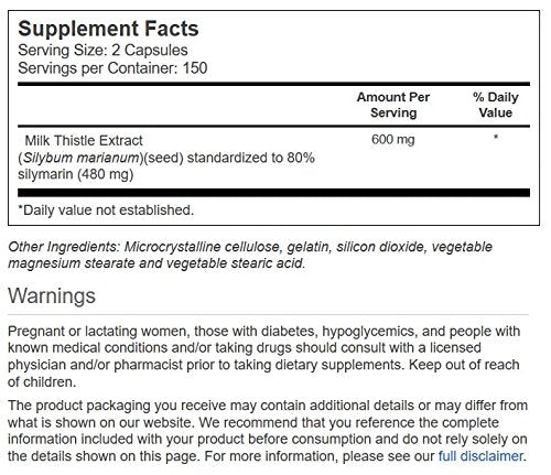 Close-up of Vitacost Milk Thistle Extract bottle with standardization to 80% silymarin