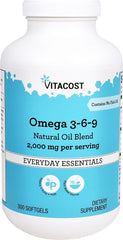Bottle of Vitacost Omega 3-6-9 Natural Oil Blend with 300 softgels; fish-free, plant-based omega mix