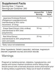 Close-up of ingredients: Japanese knotweed, red wine extract, and grape seed extract