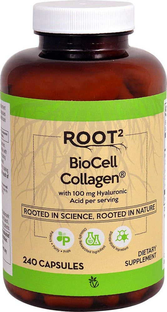 Vitacost ROOT2 BioCell Collagen with Hyaluronic Acid bottle and capsules on white background
