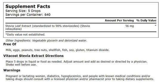 Close-up of Vitacost Stevia Extract label highlighting 90% steviosides and purity