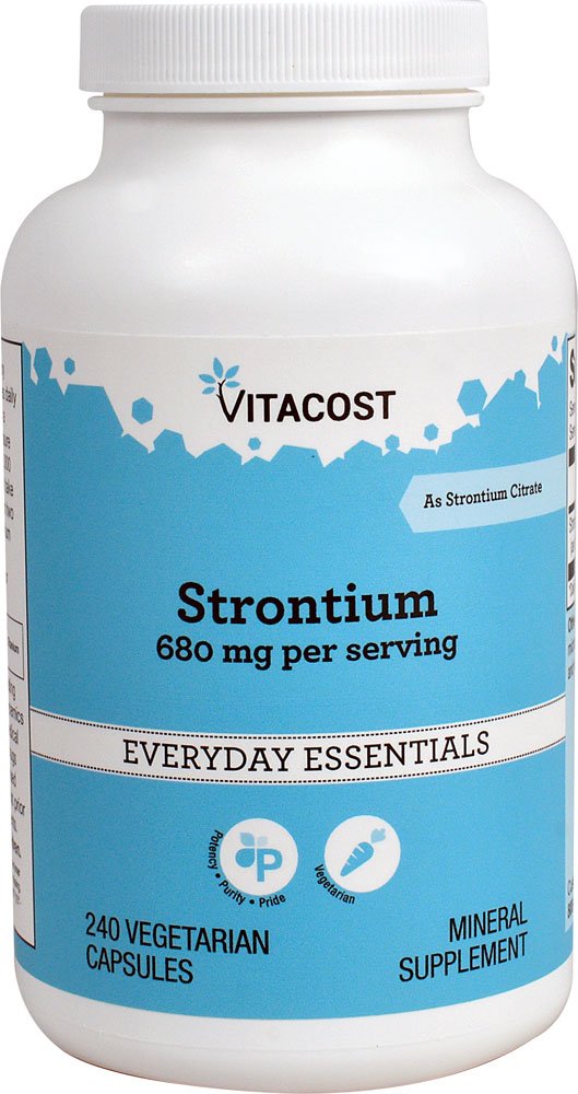 Vitacost Strontium bottle label displaying 680 mg per serving and 240 vegetarian capsules