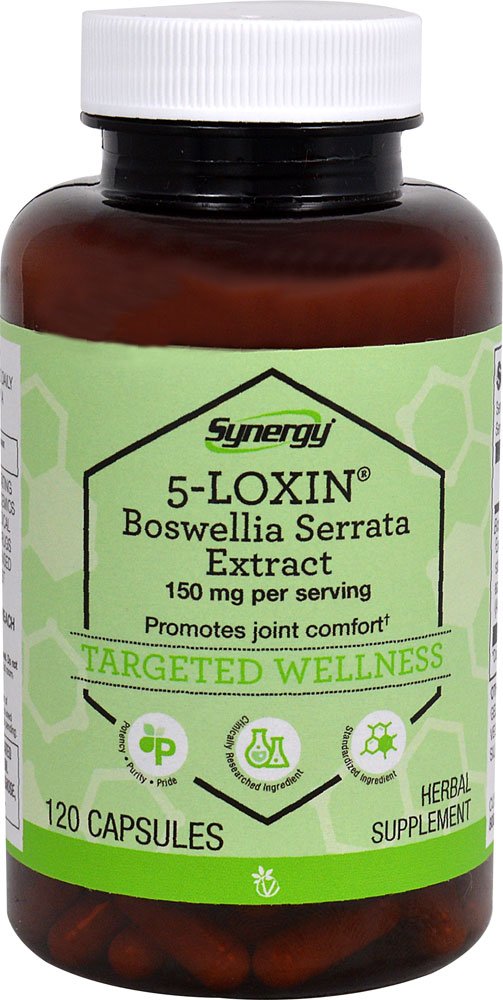 Front view of Vitacost Synergy 5-Loxin AKBA Boswellia Extract bottle showing 150 mg per serving and 120 capsules