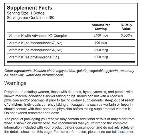 Close-up of Vitacost Ultra Vitamin K Advanced K2 Complex product label