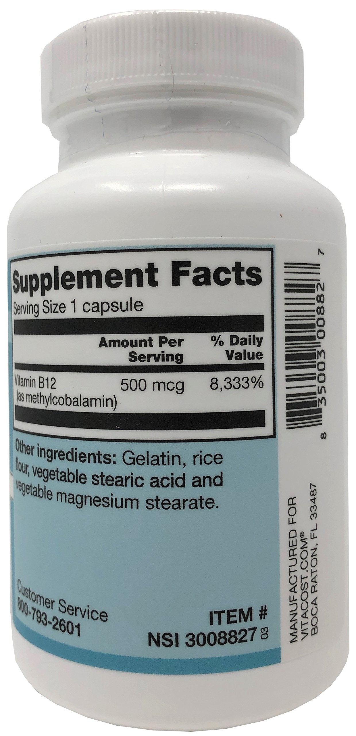 Close-up of Vitacost B-12 Methylcobalamin label showing 500 mcg per capsule
