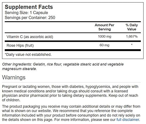 Close-up of Vitacost Vitamin C with Rose Hips bottle label showing 1000 mg vitamin C and 60 mg rose hips