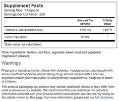 Close-up of Vitacost Vitamin C with Rose Hips bottle label showing 1000 mg vitamin C and 60 mg rose hips