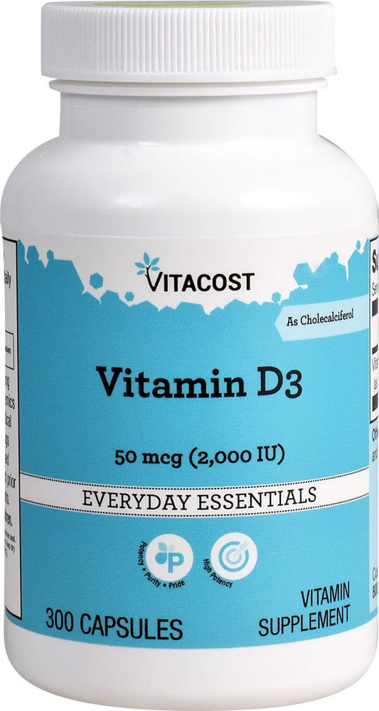 Bottle of Vitacost Vitamin D3 2000 IU 300 capsules