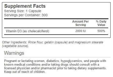 Close-up of Vitacost Vitamin D3 label showing 2000 IU per capsule
