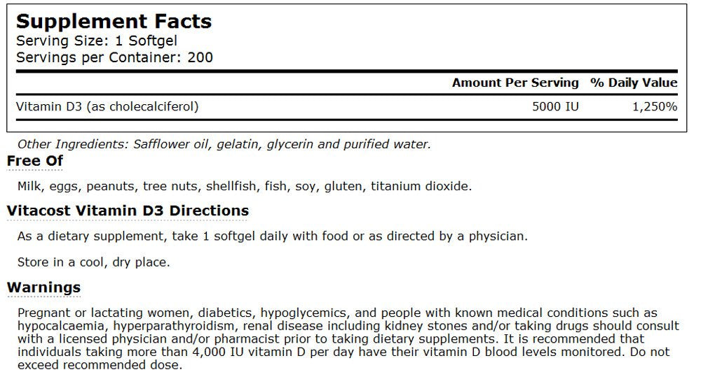 Close-up of Vitacost Vitamin D3 softgels - 200 count
