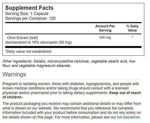 Close-up of olive leaf extract capsules and bottle label